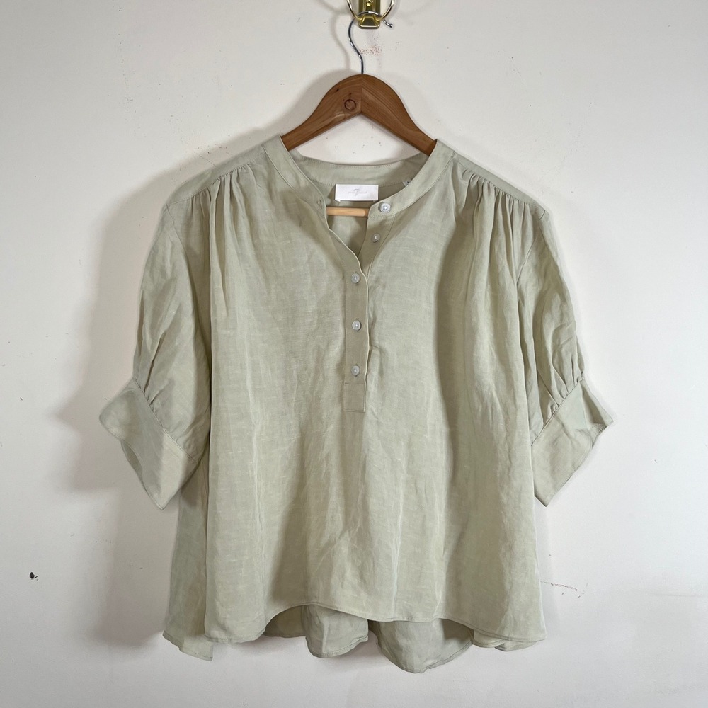 7 For All Mankind Linen Blend Sage Green Blouse Puff Sleeves Prairie Size Large - Picture 1 of 8